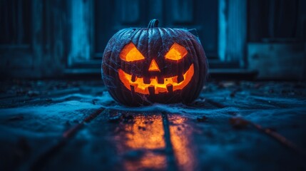 Wall Mural - Spooky jack o lantern on porch with cobwebs. Happy Halloween. Jack-o-lantern.