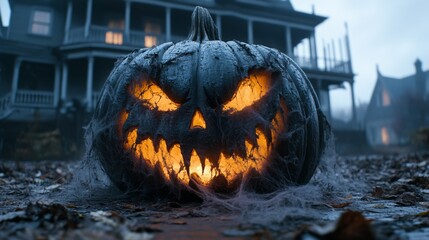 Wall Mural - Spooky jack o lantern on porch with cobwebs. Happy Halloween. Jack-o-lantern.