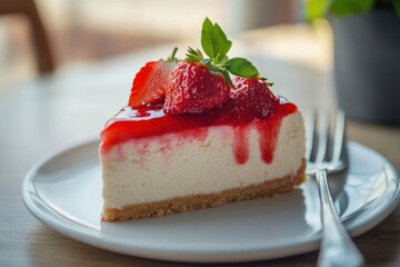 Wall Mural - Strawberry Cheesecake Slice on a White Plate