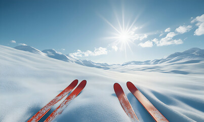 Two red skis laying on a snowy mountain slope under a bright blue sky.