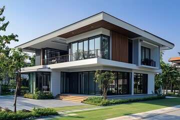 Elegant Modern Two-Story Silver and White Home with Khmer Art Textures in Peaceful Landscape