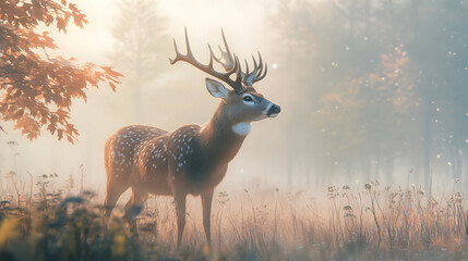 Sticker - A majestic deer stands in a foggy forest with antlers spread wide, showcasing its beauty and grace in a serene nature setting.