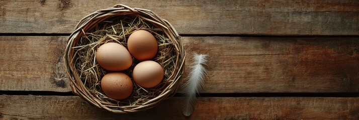 Freshly collected brown eggs rest in a wicker basket lined with straw, highlighting a rustic charm on the weathered wooden background, evoking farm life