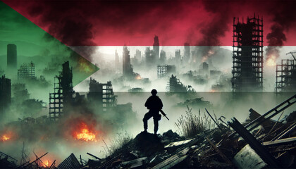 A lone soldier surveys a city in ruins, with the Sudan flag faintly overlaying the scene, representing the courage and determination of forces in times of war.