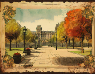 Canvas Print - Vintage postcard with the image of a city park in Europe. Grunge illustration on old paper texture 