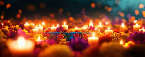 A serene display of glowing candles surrounded by vibrant flowers, creating a peaceful and enchanting atmosphere.