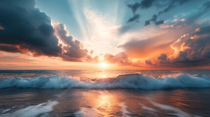 a breathtaking image capturing the sunset over the ocean with dramatic clouds and bright rays pierci