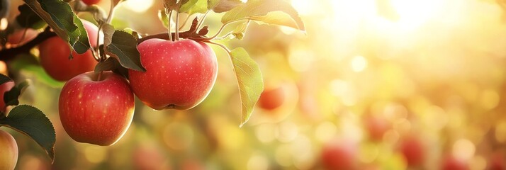 Wall Mural - Ripe apples dangle from tree branches in an orchard, illuminated by warm sunlight, showcasing the beauty of nature and the harvest season