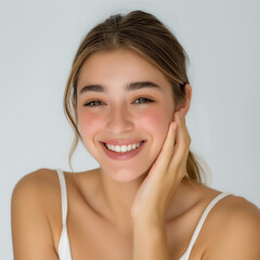 A beautiful woman smiling with her hand on her cheek, portrait of a pwoman with a smile, portrait of a woman, woman skin care, woman beautiful skin