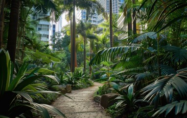 Wall Mural - Ancient horsetails and lush ferns create a prehistoric oasis in a modern city park