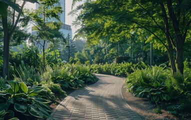 Wall Mural - Discover a city park featuring ancient horsetails and lush ferns along winding pathways in a modern urban landscape