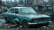 © ProPhotos - Retro auto, now abandoned and rusty, against backdrop of city wreckage and transportation deterioration.