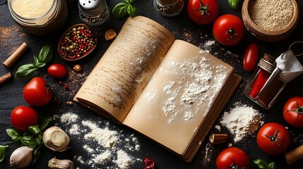 Cookbook and Cooking Ingredients on Rustic Wooden Table Background