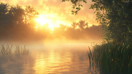 Sticker - Golden sunrise over a misty lake, with lush green reeds on the shore and trees silhouetted in the distance.