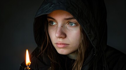 Poster - A girl in a dark cloak with a hood looks to the side against a dark background with a burning candle, personifying timeless beauty.