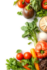 Wall Mural - A vibrant assortment of fresh vegetables including carrots, tomatoes, bell peppers, leafy greens, and herbs arranged artistically on a white background.