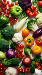 Wall Mural - A vibrant assortment of fresh vegetables including carrots, tomatoes, bell peppers, leafy greens, and herbs arranged artistically on a white background.