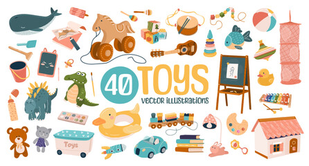 set of 40 cute plush and plastic toys for kids. chalkboard, car, dollhouse, tablet, books, ball, mus