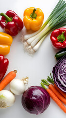 Wall Mural - A vibrant assortment of fresh vegetables including carrots, tomatoes, bell peppers, leafy greens, and herbs arranged artistically on a white background.