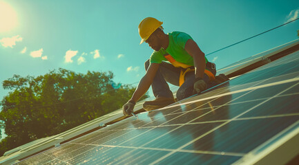 worker with panels, worker installing panels, worker is setting up solar panels on the roof of an office building, solar panel