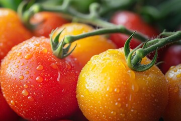 Wall Mural - A vibrant mix of ripe red and yellow tomatoes with glistening water droplets, vividly capturing their freshness and appeal.