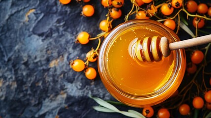 A glass jar of sea buckthorn honey, with a wooden honey dipper resting on top, surrounded by fresh berries