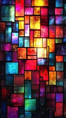 Wall Mural - Stained glass: A grid of shifting colors and patterns, resembling a digital glitch or a matrix neon background.