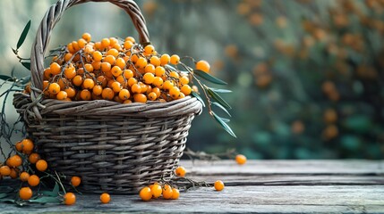 Poster - A rustic basket overflowing with sea buckthorn berries, placed on a weathered wooden table