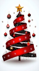 Wall Mural - Festive Christmas Tree Decorated with Red Ribbon and Ornaments