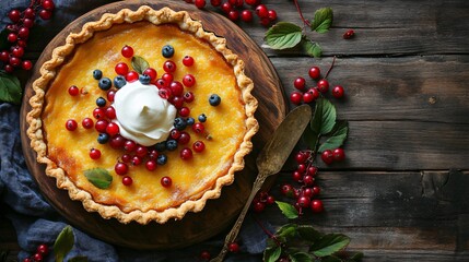 Wall Mural - A rustic sea buckthorn tart with a dollop of cream, served on a wooden plate with fresh berries scattered around