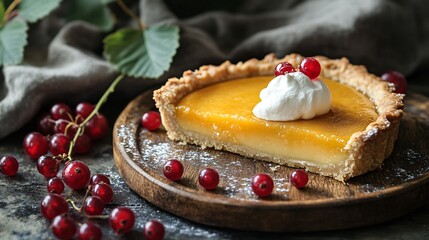 Wall Mural - A rustic sea buckthorn tart with a dollop of cream, served on a wooden plate with fresh berries scattered around