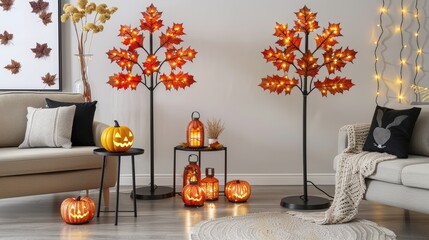 Wall Mural - A pair of autumn leaf trees with lights illuminating the room