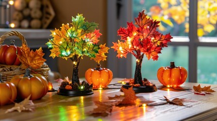 Canvas Print - A pair of lighted maple trees on the table with pumpkins and leaves s