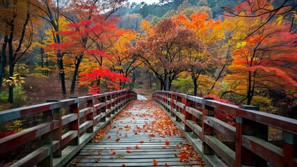 Wall Mural - Discover the vibrant fall foliage along the vivid bridge in a serene autumn landscape