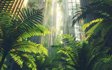 Wall Mural - Giant ferns interwoven with skyscrapers create a stunning urban jungle in a modern city