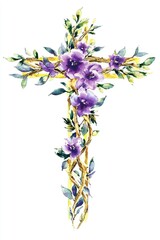 Watercolor Cross with Purple Flowers