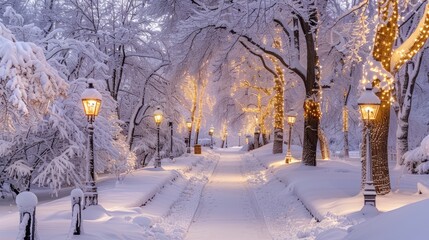 Canvas Print - Snowy Path Lit by String Lights and Lanterns