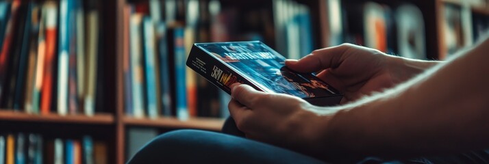 A person is holding a DVD case in their hands, focusing on the cover art. Behind them, a rich collection of movies is visible on a shelf, creating an inviting atmosphere