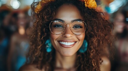 A joyful image of a woman wearing a floral headband and round glasses, smiling widely with a vibrant, colorful background, ideal for lifestyle and happiness themes.