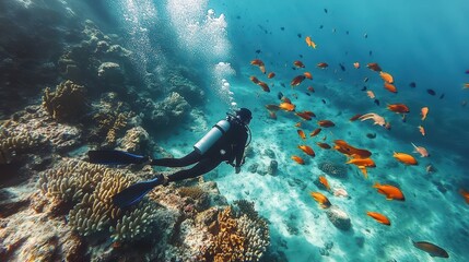 Wall Mural - Underwater Coral Reef Adventure with Diver and Vibrant Marine Life