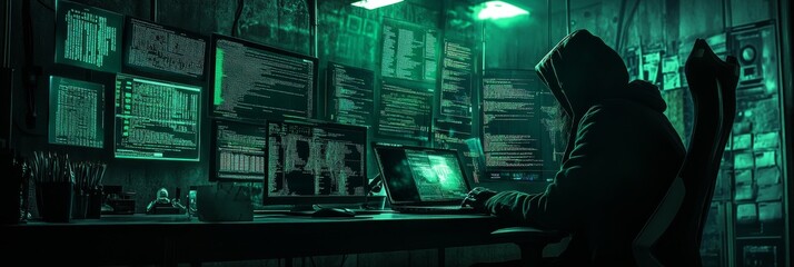 Wall Mural - In a dimly lit room, a figure sits at a cluttered desk, focused on a laptop while surrounded by glowing screens filled with lines of code and data