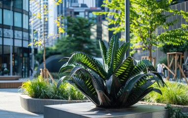 Wall Mural - Prehistoric plants thrive in urban green spaces, blending ancient nature with modern city life in contemporary settings