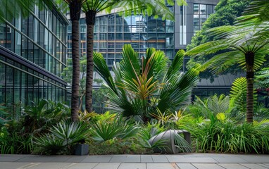 Wall Mural - Prehistoric cycads and ferns flourish in urban park surrounded by modern architecture