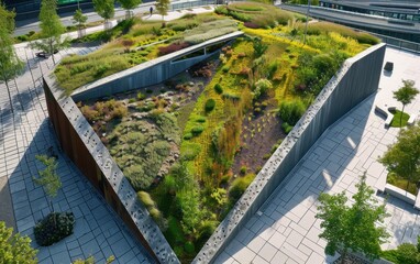 Wall Mural - Prehistoric vegetation flourishes on a modern green roof, showcasing the harmony of ancient and contemporary landscapes