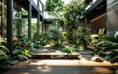 Wall Mural - A tranquil oasis featuring ancient plants contrasted by sleek modern architecture in a public space