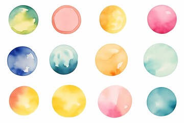 Wall Mural - Set of colorful watercolor hand painted round shapes, stains, circles, blobs isolated on white 