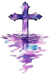 Poster - Watercolor Painting of a Purple Cross Reflecting in Water