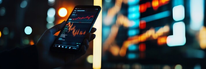 Wall Mural - A hand grips a smartphone that displays a stock trading app filled with dynamic graphs and data, illuminated by city lights at night