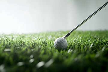 Wall Mural - Closeup of a golf ball and iron on green grass with a blurred background.