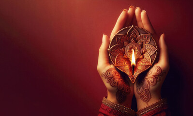 illustration of Beautiful Indian Girl holding a diya oil lamp for celebating happy Diwali festival of lights.